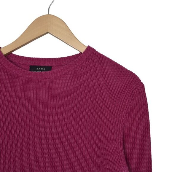 Zara Cotton Knit Sweater Pink Long Sleeve Crew Neck Size Medium - Picture 3 of 9